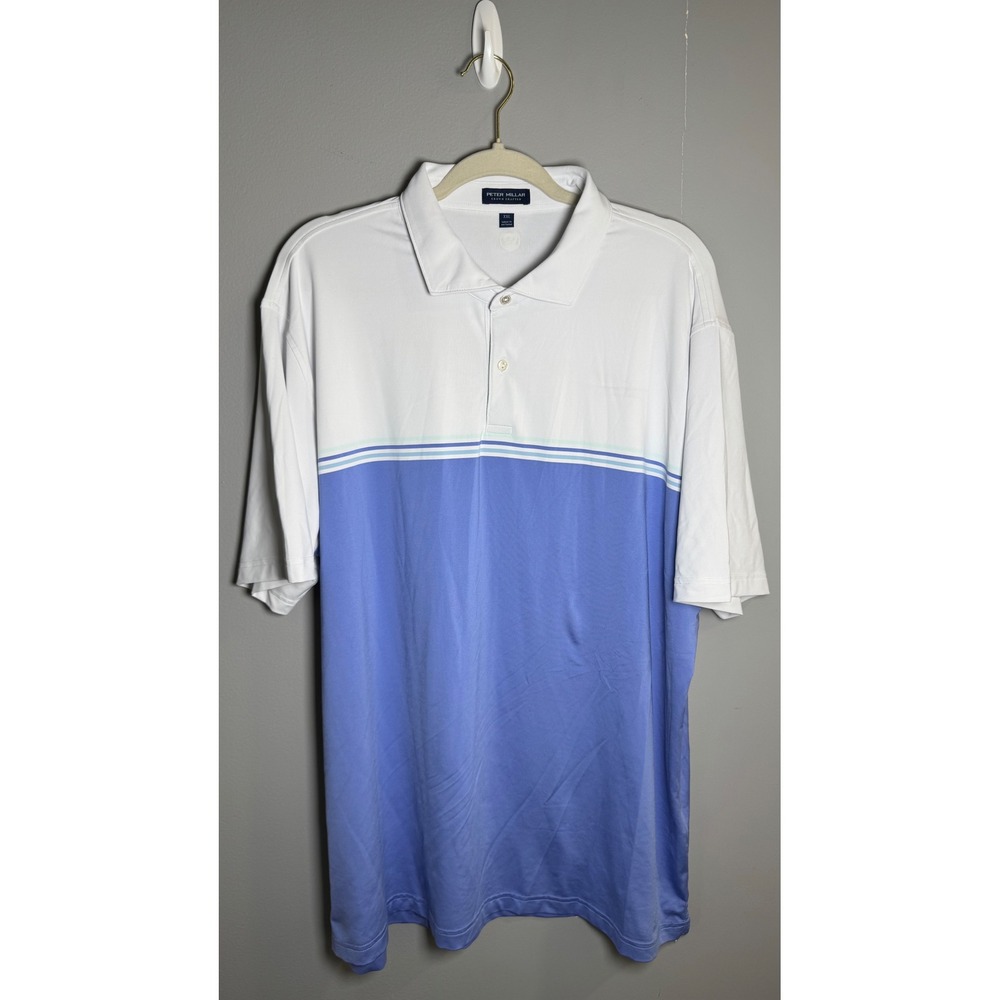 Peter Millar Crown Crafted Mens XXL Polo Shirt Blue White Colorblock Golf Tech